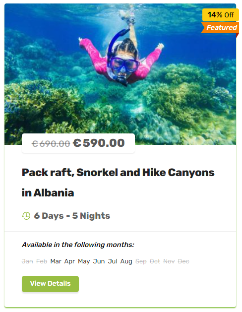 Packraft, snorkel y caminata en cañones en Albania